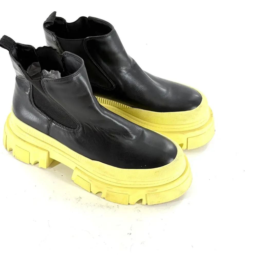 Bershka Lug Sole Chelsea Boots 9 39 Ankle Booties Black Yellow 90s Grunge Y2K